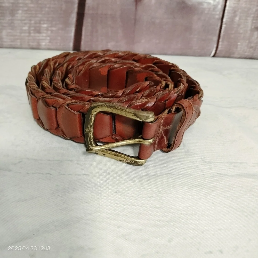 Genuine Leather Men's Brown Belt 38 Rectangular Braided With Solid Brass Buckle